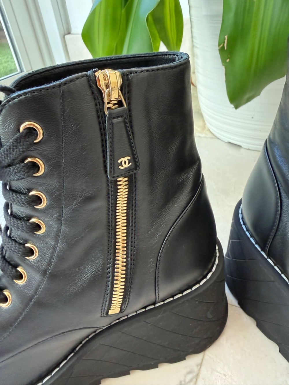 Chanel 2024 Interlocking CC Logo Combat Wedge Lambskin Lace Up Ankle Boots 36.5 - Picture 9 of 16